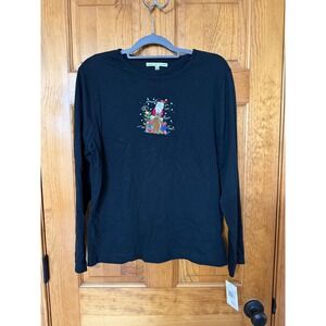 Carolyn Taylor Womens Long Sleeve Black Santa Holiday Embroidered T Shirt Top L